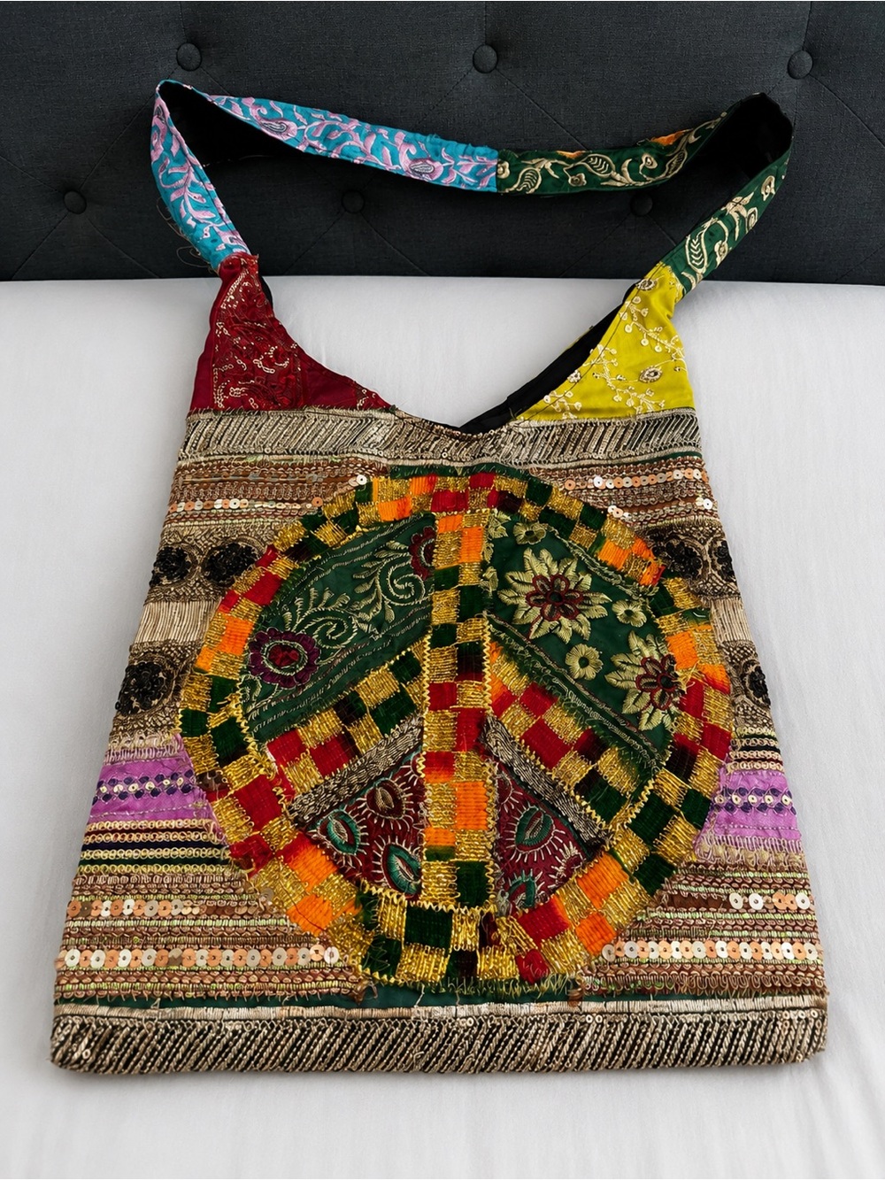 Boho Embroidered Patchwork Crossbody Bag in Green and Multicolor